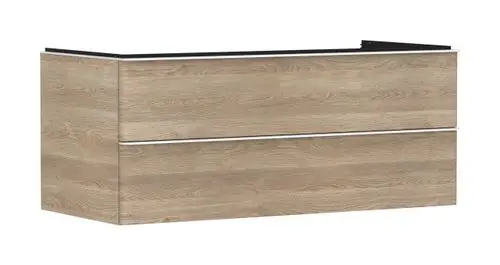 Waschtischunterschrank von Hansgrohe mit Holzoptik, ausgestattet mit zwei Schubkästen und einer geraden Oberflächenkante, geeignet für Aufsatzwaschtische.